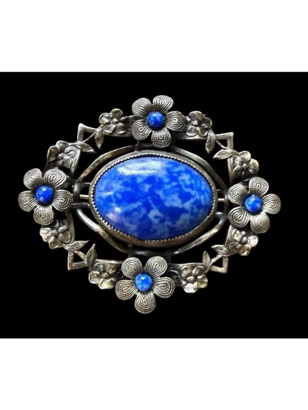 Antique Art Nouveau Czech Blue Glass Floral Silver Tone Brooch Pin